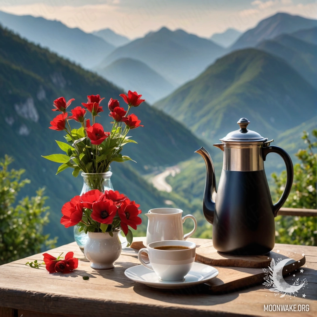 Деревянный стол с банкой красных цветов, кофейником и чашками на фоне гор.