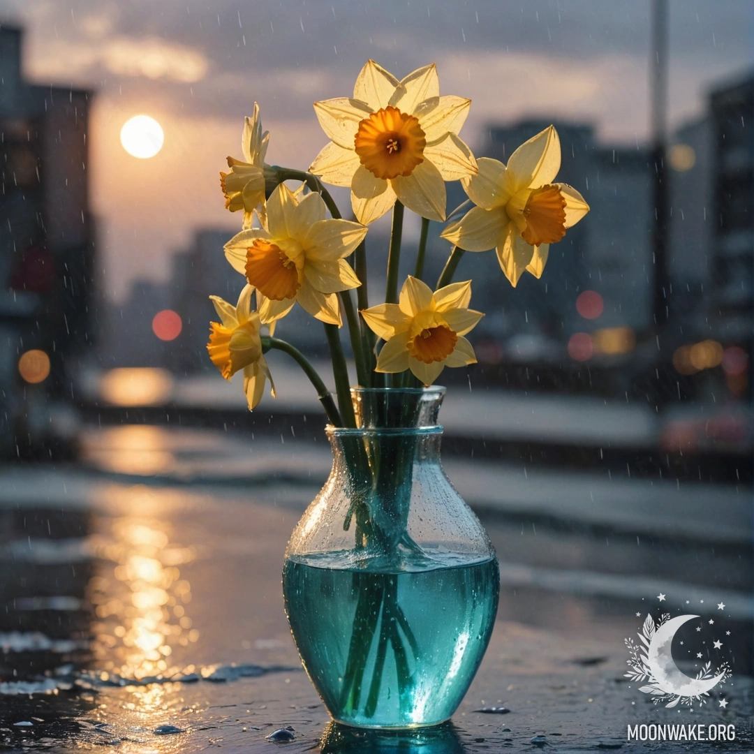 Ваза с цветком нарцисса, залитым дождем, на фоне заката в цветах морской волны.