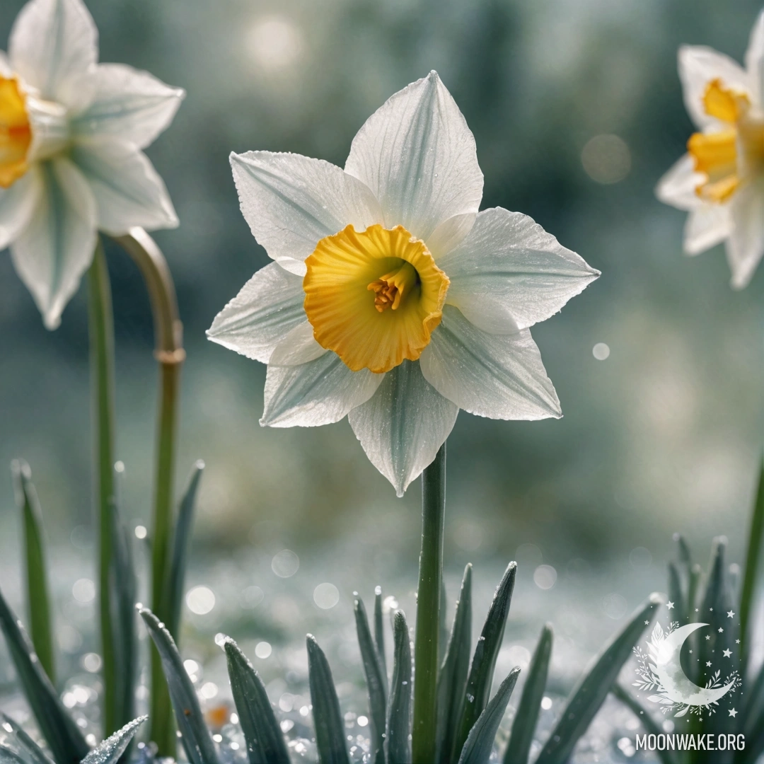 Акварельная картина с романтическим цветком нарцисса, окруженным морозом и блестками в шалфейном цвете.