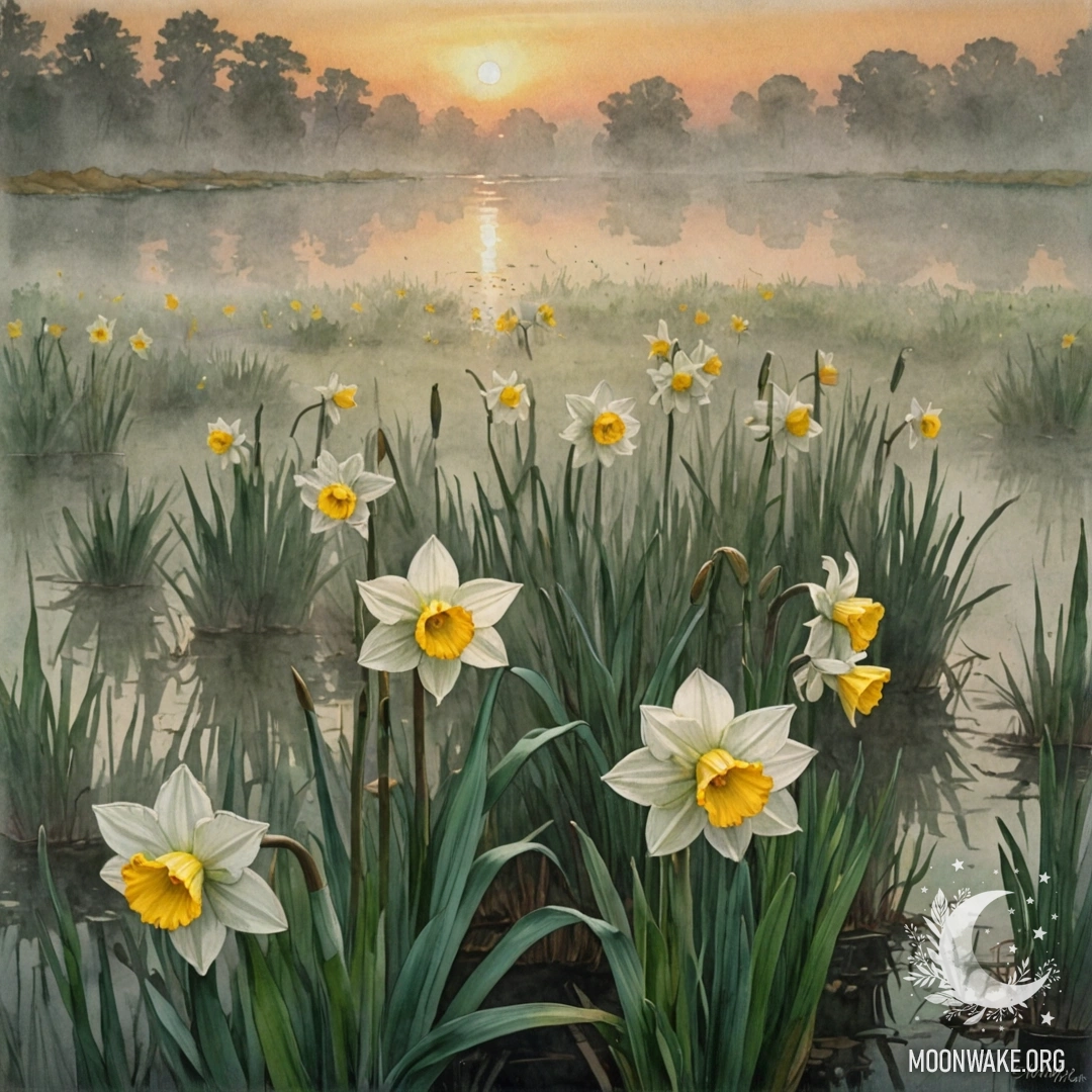 Нежный цветок нарцисса, окутанный туманом на фоне заката, с мягкими зелеными оттенками.