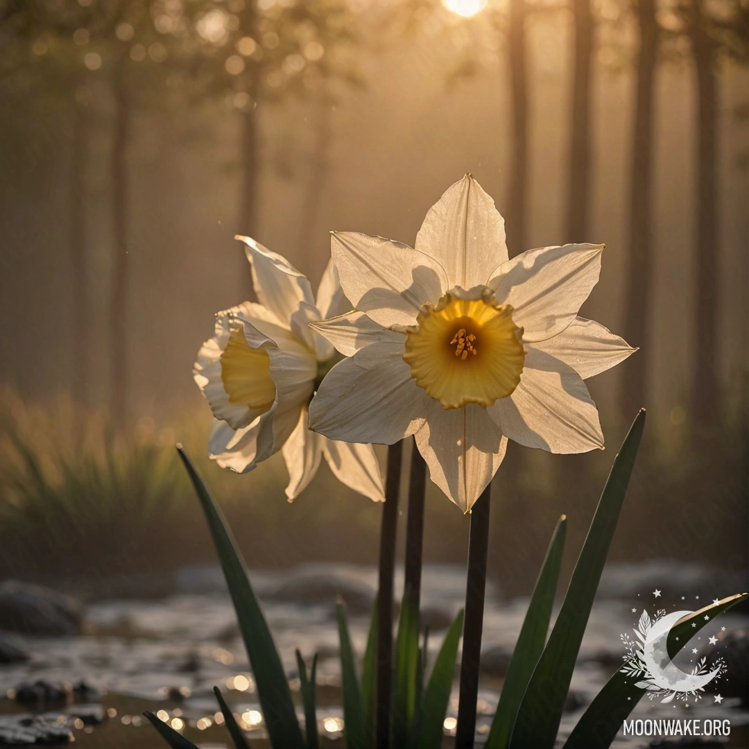 Романтический цветок нарцисса, окутанный туманом на закате, украшенный кофейными пайетками и элегантной японской каллиграфией.