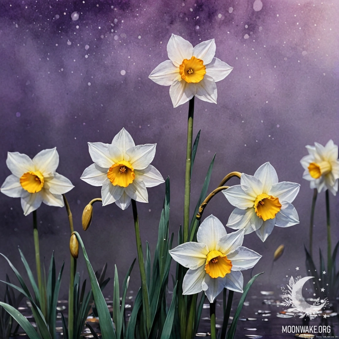 Романтический нарцисс, окруженный туманом, на пурпурном ночном фоне.