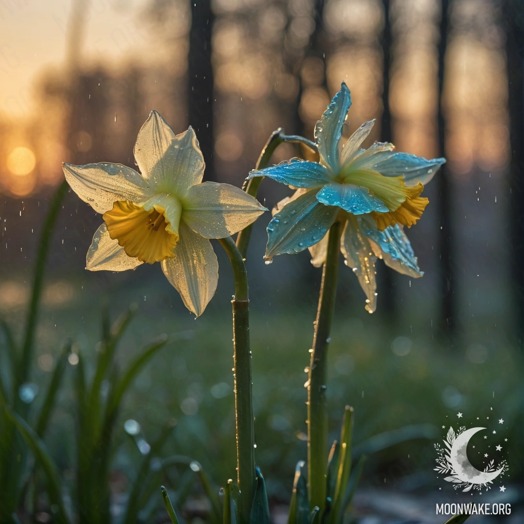 Романтическая сцена с цветком нарцисса, сверкающим от блесток под дождем на закате, в зеленовато-голубых оттенках.