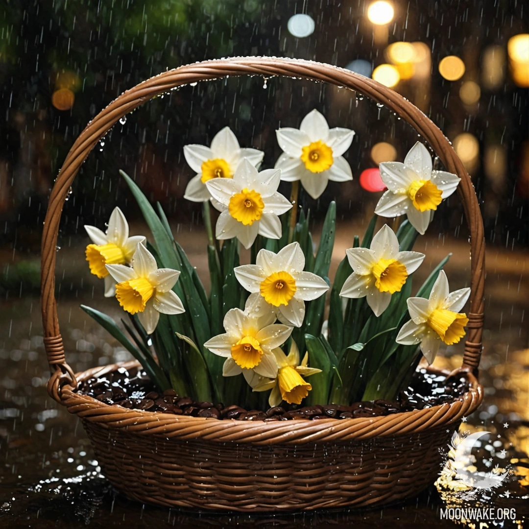 Красивый цветок нарцисса в корзине кофейного цвета, освещённый мягким светом ночного дождя.