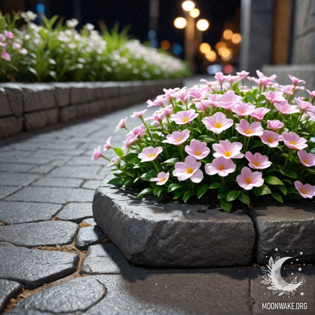 Старая каменная кромка с мелкими белыми и розовыми цветами, растущими за ней, в ночное время.