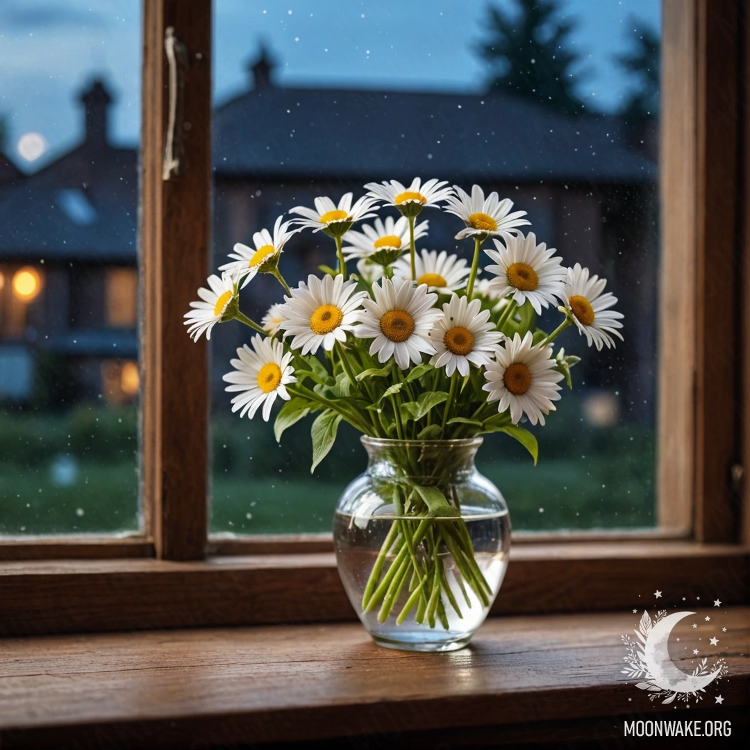 Стеклянная ваза с ромашками на винтажном деревянном подоконнике ночью