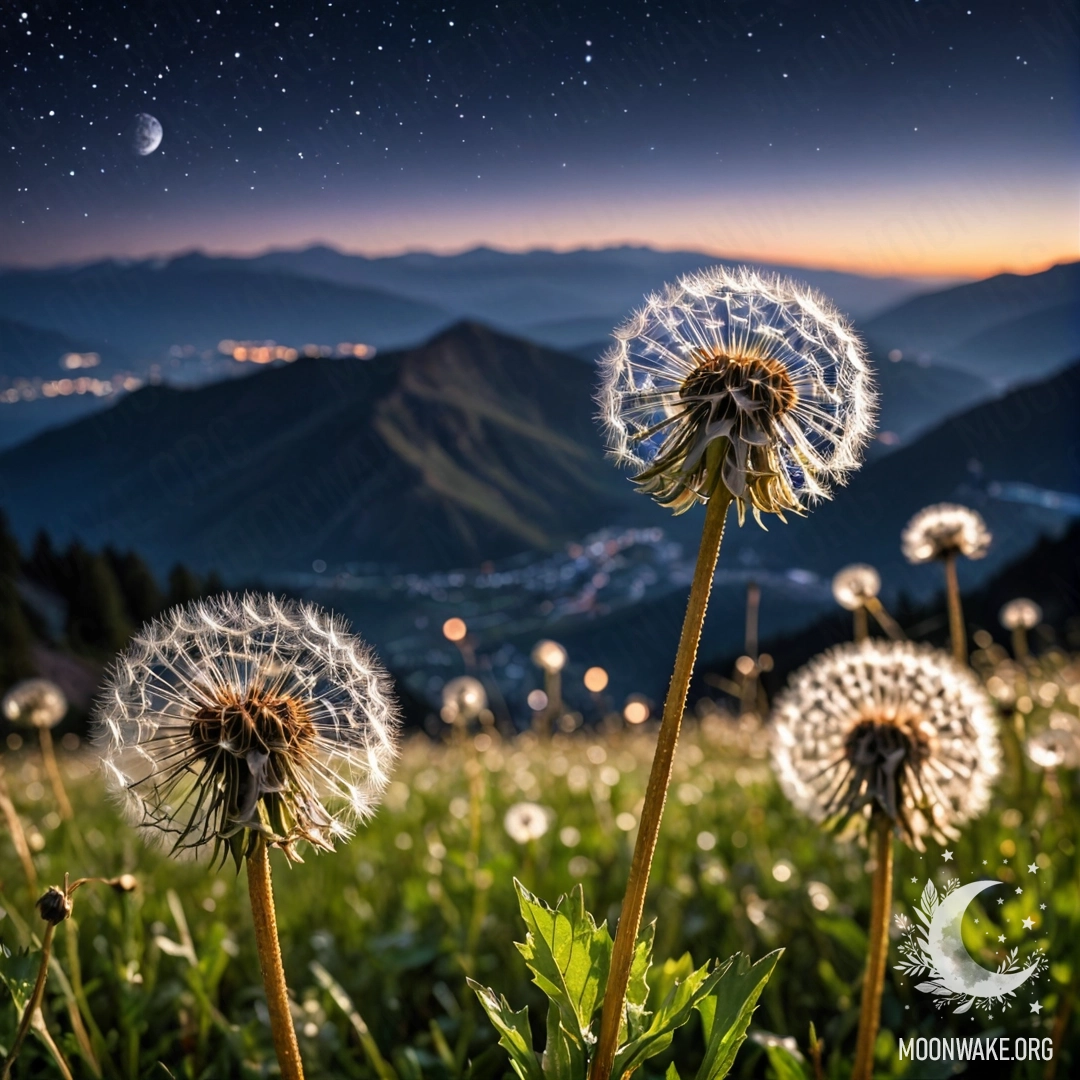 Крупный план одуванчиков на поле ночью с горами на заднем плане.