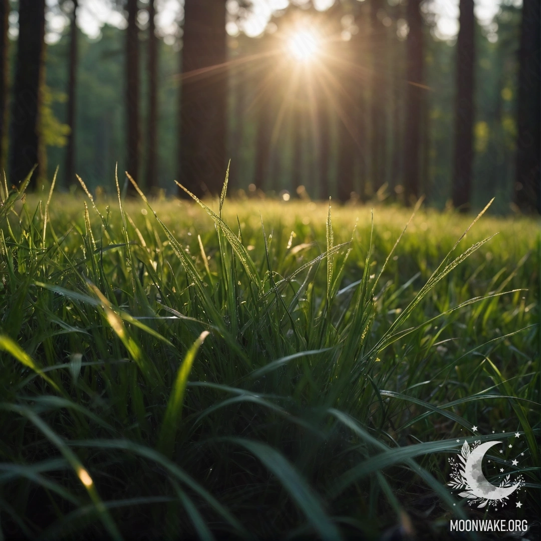 Крупный план травы в романтическом поле под боке лесом ночью с солнечными лучами, пробивающимися сквозь деревья.