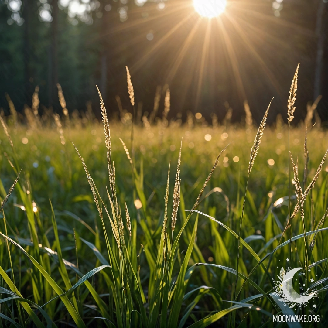 Крупный план травы на романтическом поле с размытым лесом и солнечными лучами в ночи.
