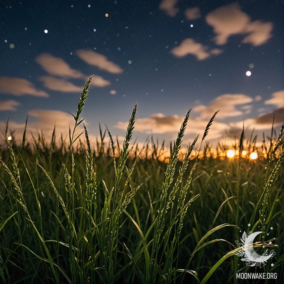 Крупный план травы на романтическом поле под размытым небом ночью, с облаками на заднем фоне.