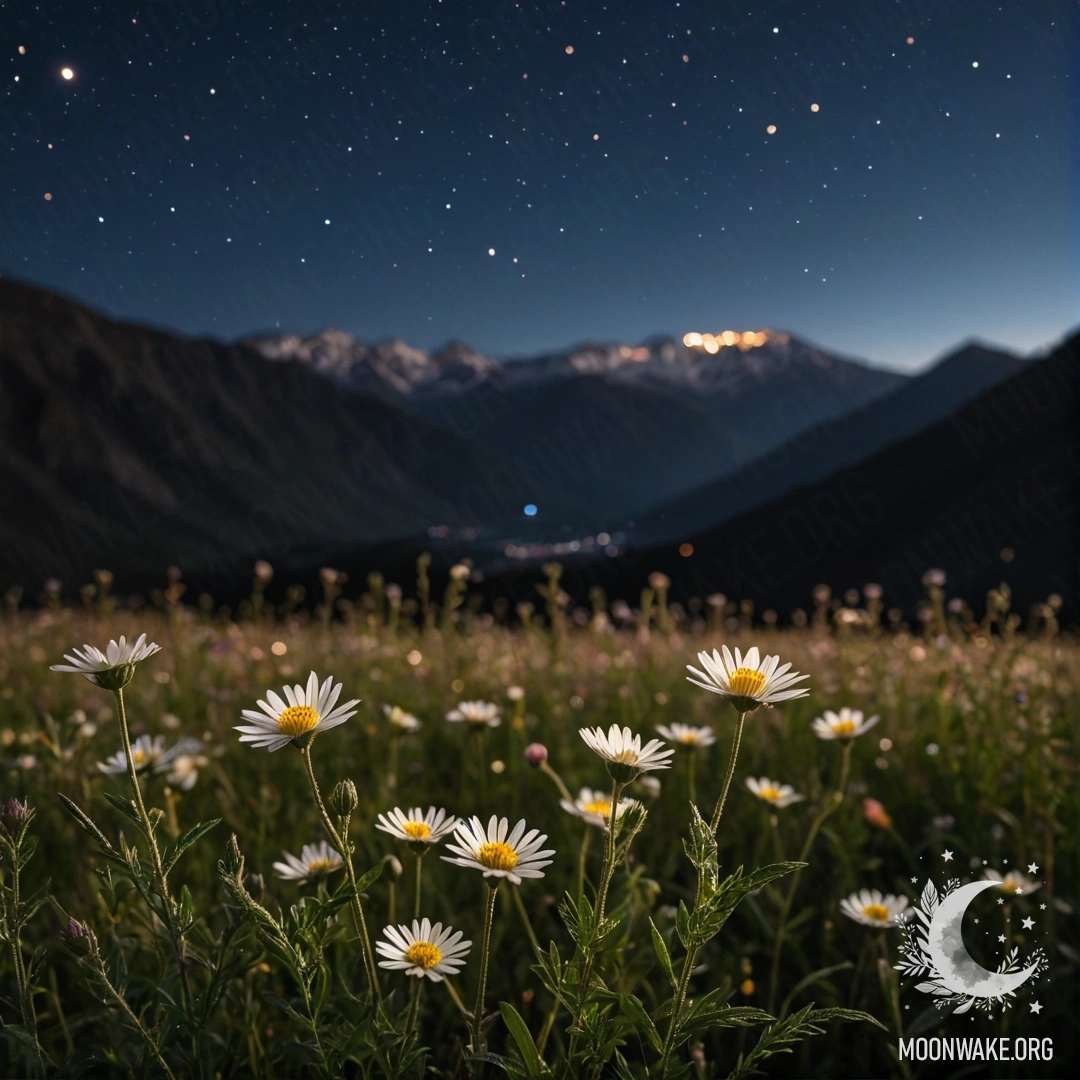 Крупный план нежных цветов на поле с размытым фоном гор ночью.