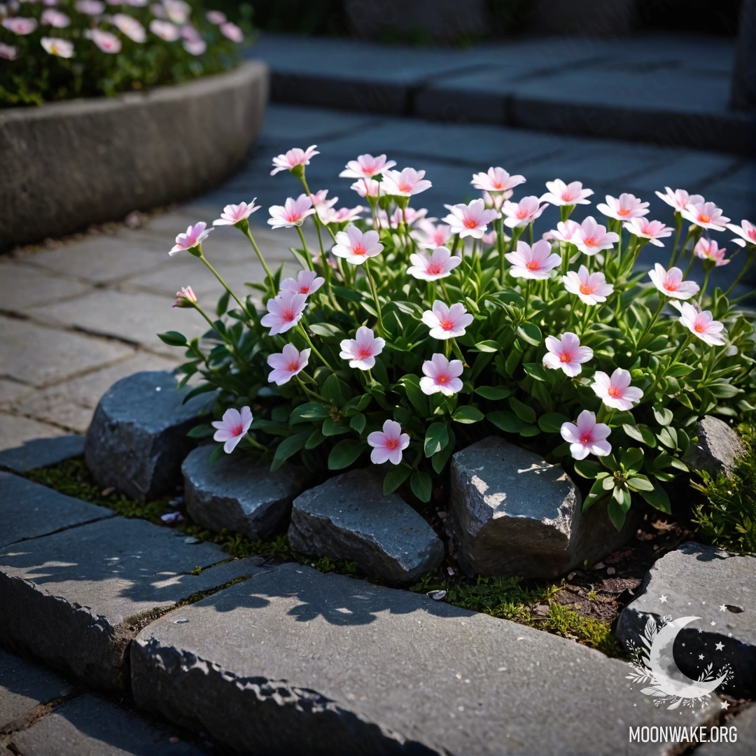 Старый каменный бордюр с небольшими белыми и розовыми цветами, растущими ночью.