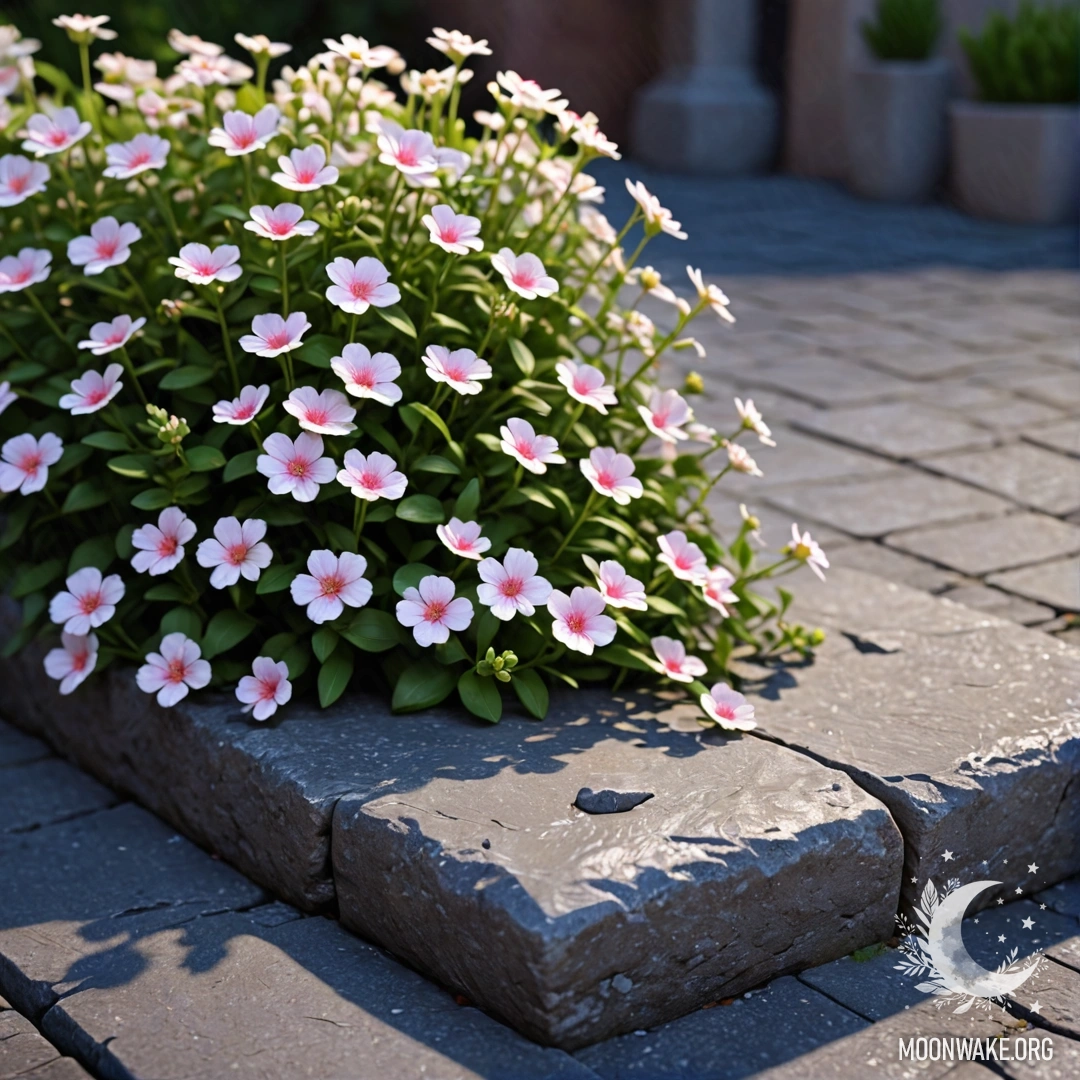 Старый каменный бордюр, украшенный маленькими белыми и розовыми цветами, растущими ночью.