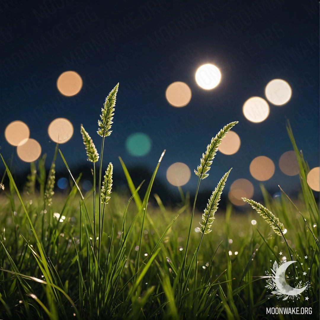 Крупный план травы на романтическом поле, освещенном размытым ночным небом.