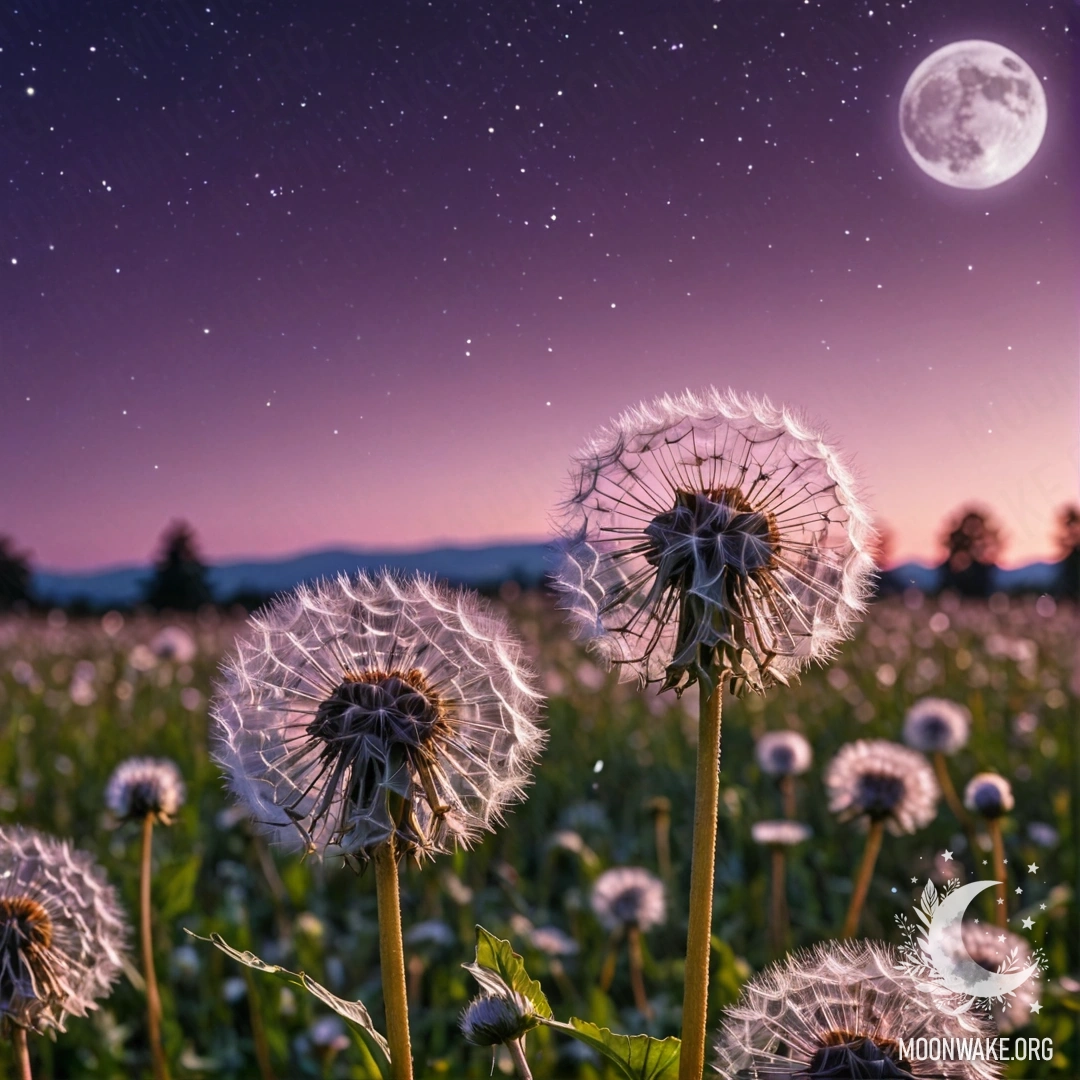 Крупный план одуванчиков на фоне розового фиолетового неба с луной.
