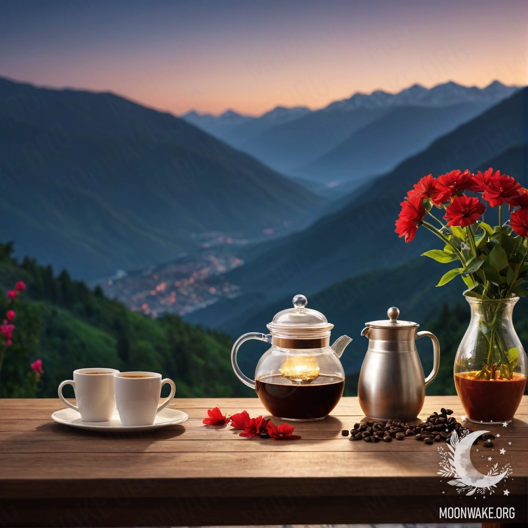 Деревянный стол на фоне гор ночью, с банкой красных цветов, кофейником и чашками.