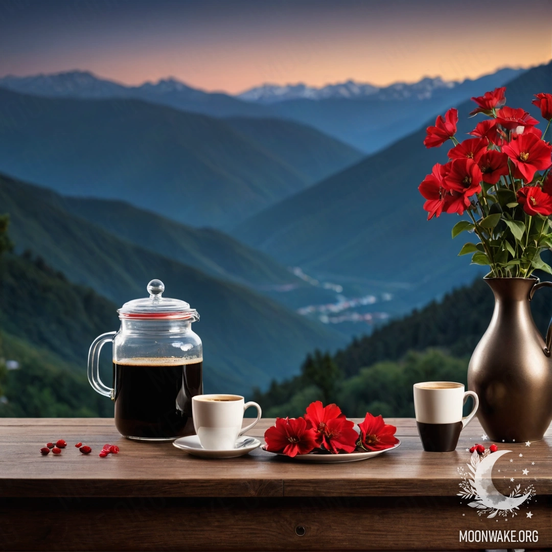 Абстрактный деревянный стол ночью с банкой красных цветов, кофейником и чашками на фоне гор.