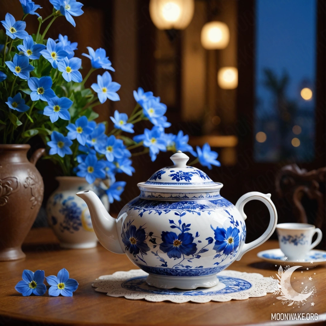 Круглый деревянный стол с фарфоровым чайником, содержащим синие цветы, ночью.