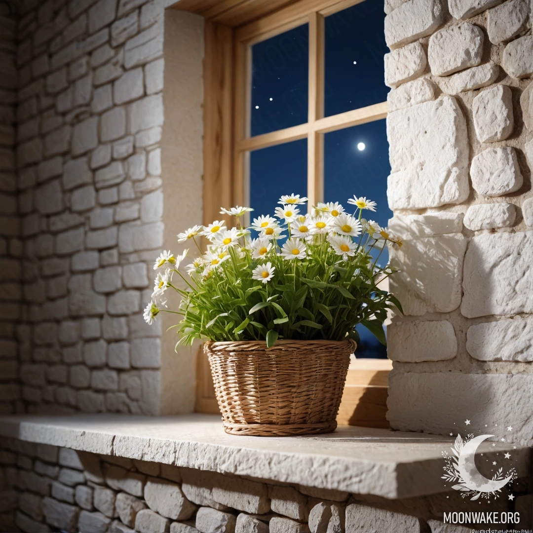 Романтичная белая каменная стена с открытым окном и корзиной ромашек на подоконнике ночью.