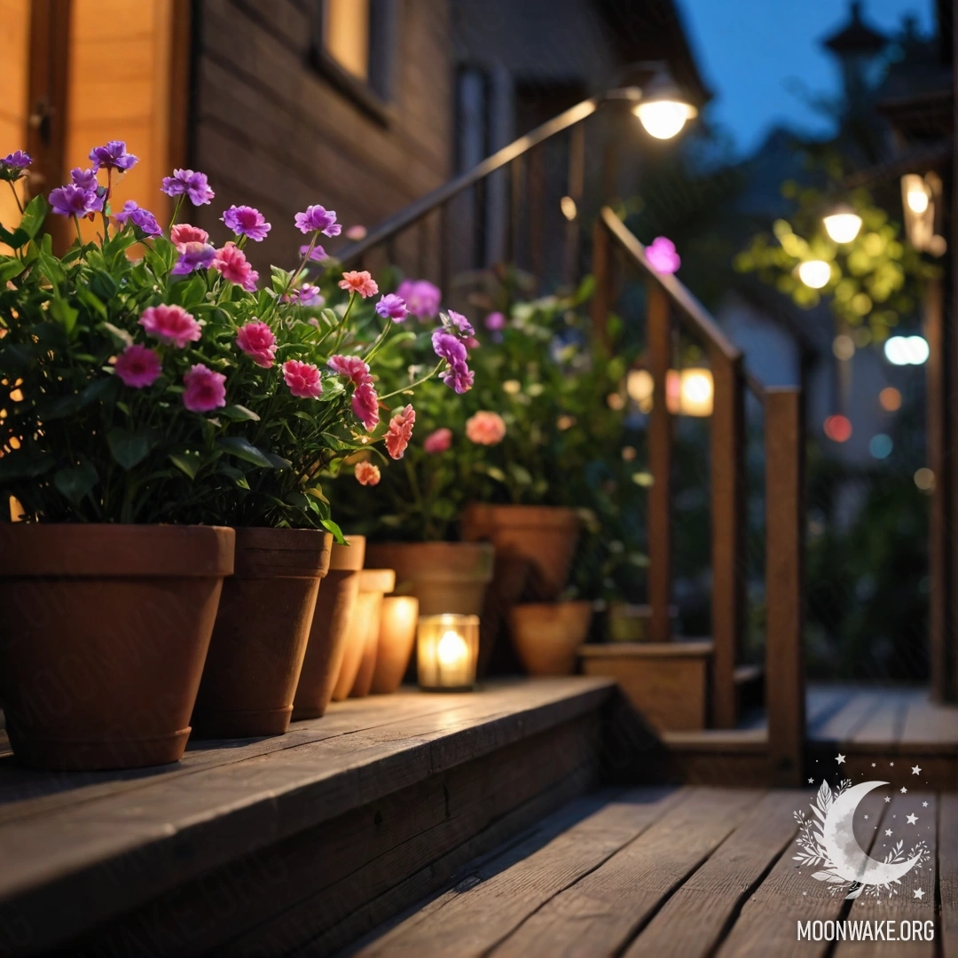 Деревянная лестница с цветочными горшками, освещенная ночью.