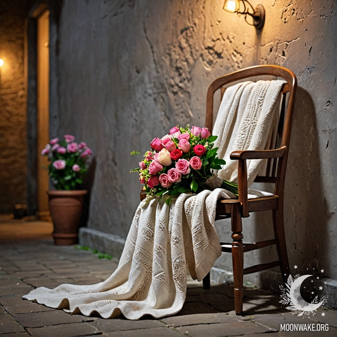 Стул у обшарпанной стены, укрытый пледом и украшенный букетом цветов, снятый ночью.