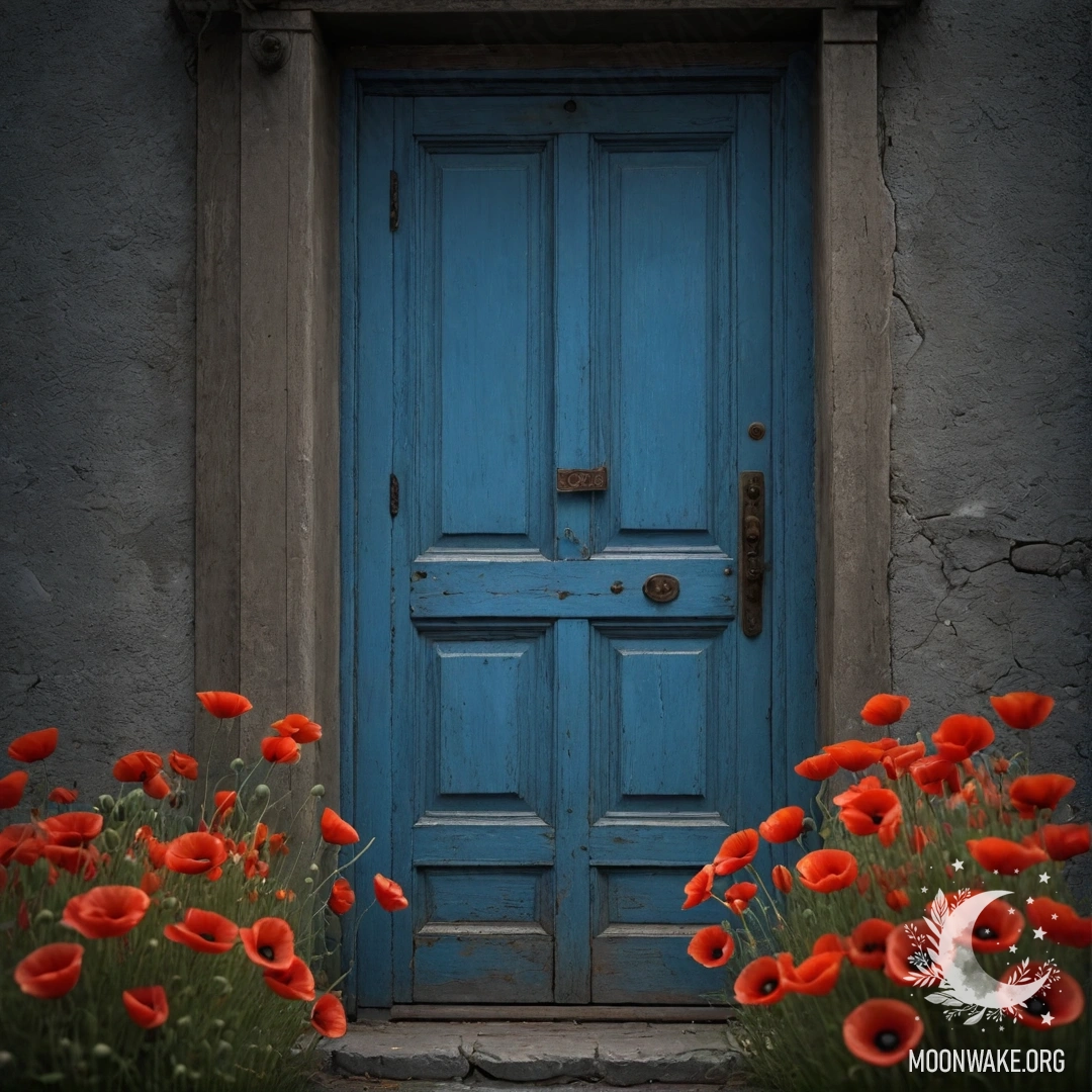 Старая потёртая голубая дверь с букетом маков в ручке ночью.