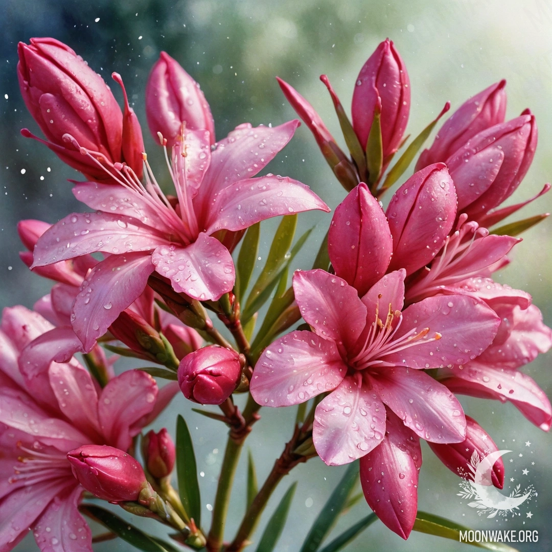 Яркий фуксийный цветок олеандра, украшенный сверкающими каплями росы под теплым солнечным светом.