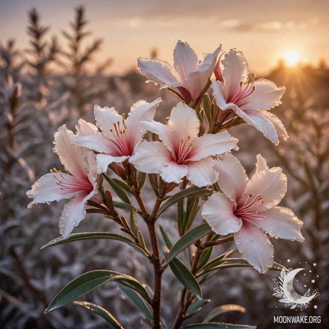 Романтический олеандр, окружённый морозом на закате, усыпанный стразами.
