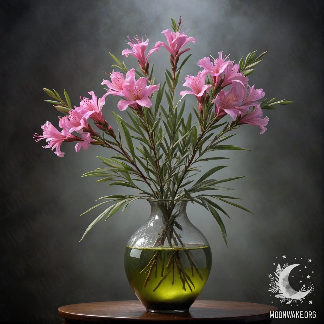 Ваза, наполненная цветами олеандра, окруженная ночным туманом.