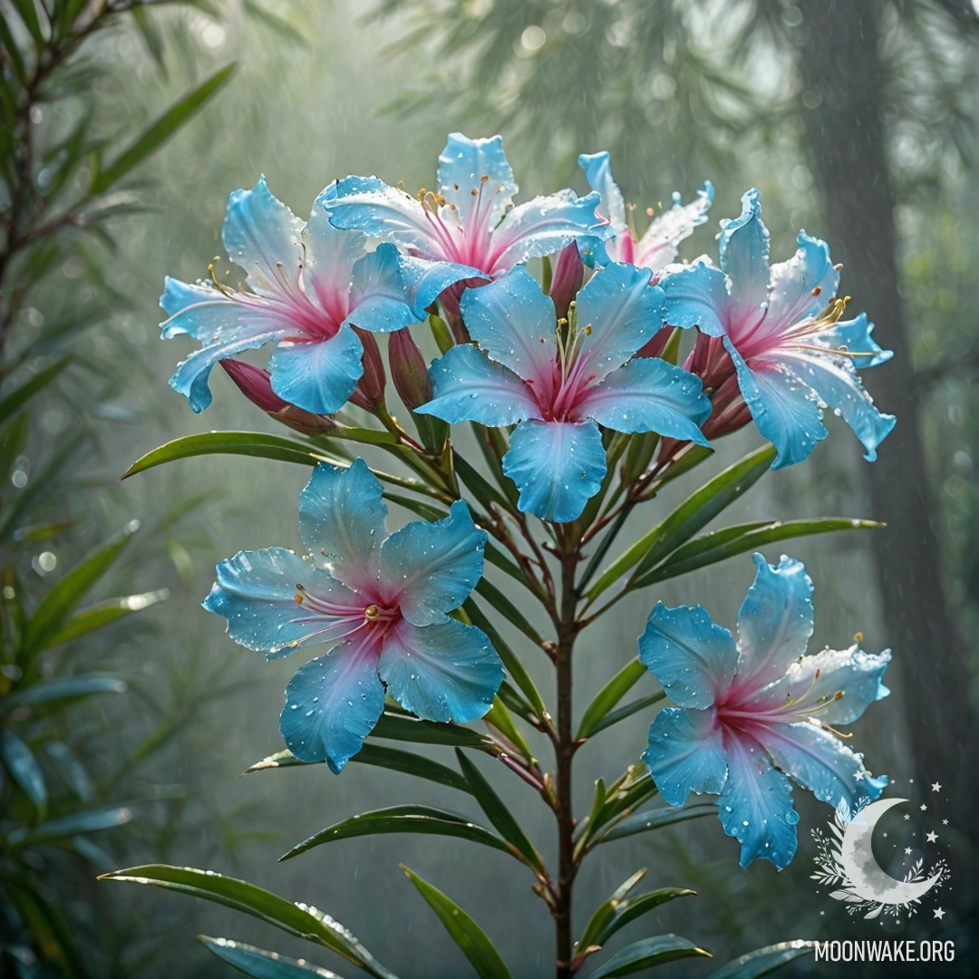 Романтический пейзаж с олеандром в туманной обстановке, освещённый солнечными лучами и сверкающим блеском.