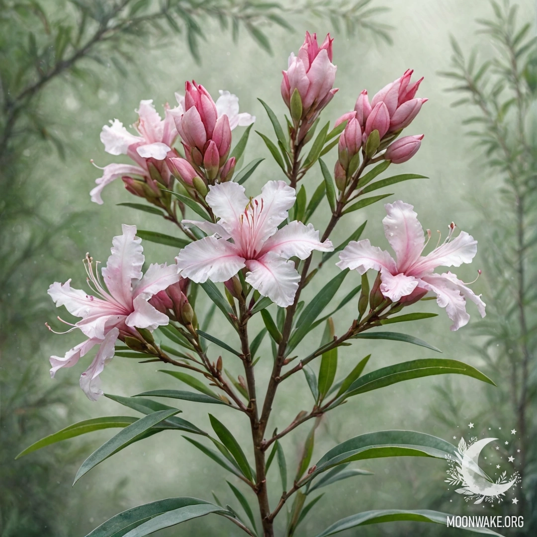 Нежный цветок олеандра, окружённый мягким туманом, в шалфейных тонах.