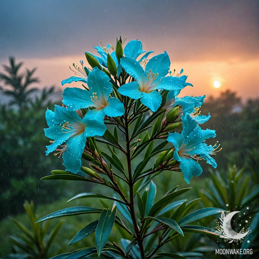 Прекрасный цветок олеандра на туманном фоне дождя во время заката с зеленовато-голубым оттенком.