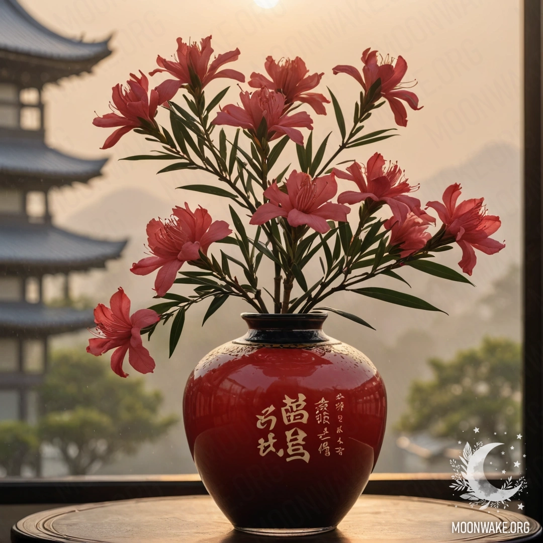 Яркий красный олеандр в вазе, окружённый мягким туманом на фоне заката.