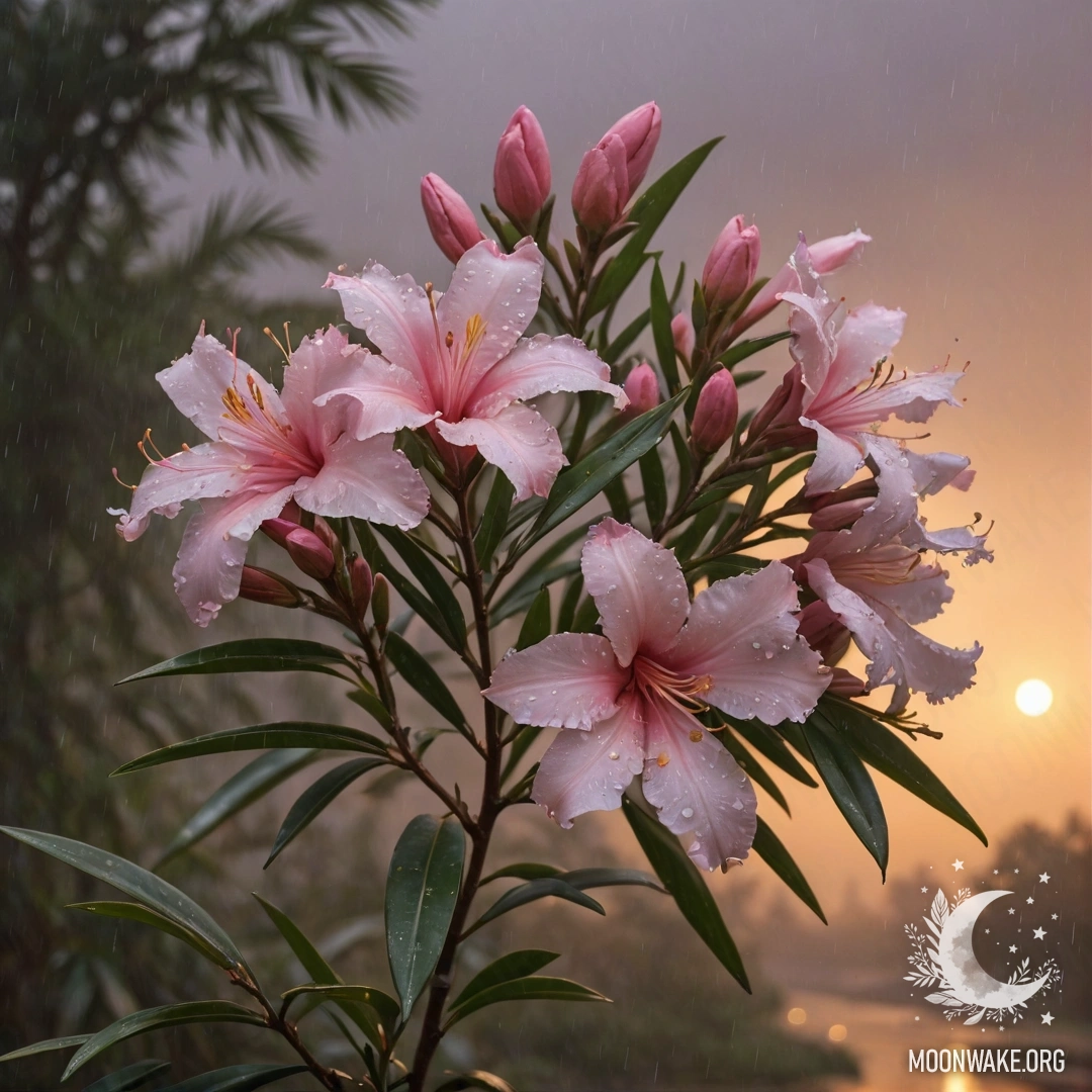 Романтический олеандр, окутанный туманом и дождем на закате.