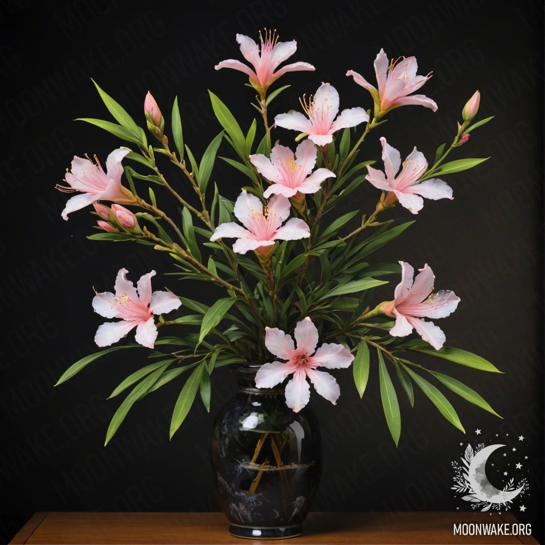 Ваза цвета лайма с цветами олеандра, окруженная туманом ночью.