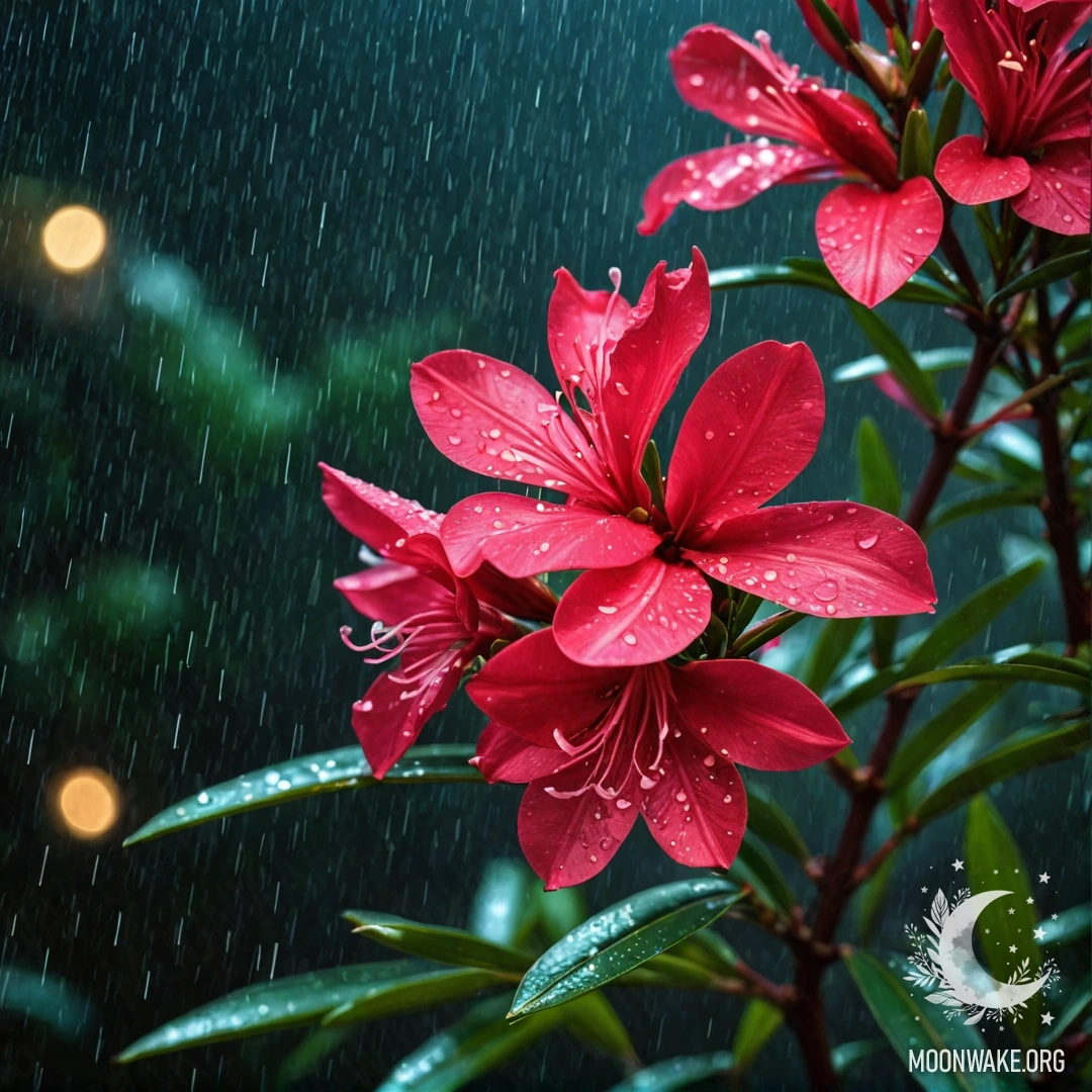 Цветущая плюмерия под дождем на фоне темной ночи.