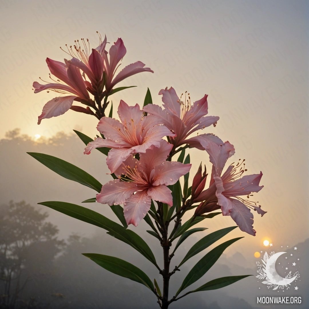 Романтическая сцена с цветами олеандра в тумане на закате, украшенными золотыми бисером.