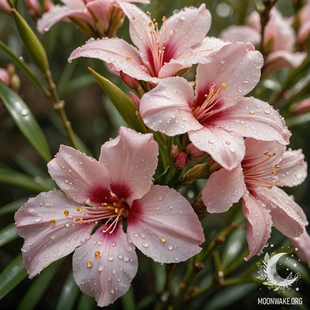 Золотые цветы олеандра с каплями росы, дополненные японской каллиграфией.