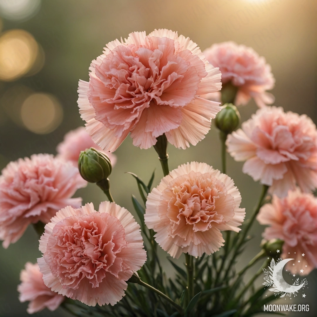 Красивый букет гвоздик оливкового цвета на закате, отражающий романтическую атмосферу.