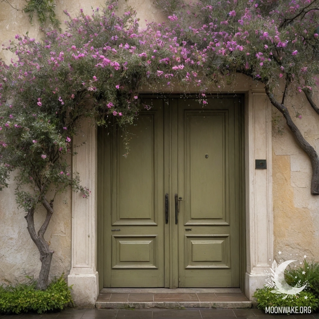 Романтичная оливковая дверь, украшенная деревом с розовыми цветами под дождём.