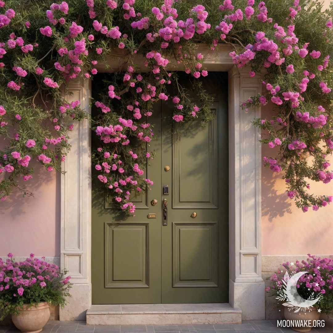 Оливковая дверь, обрамленная цветущим деревом на закате