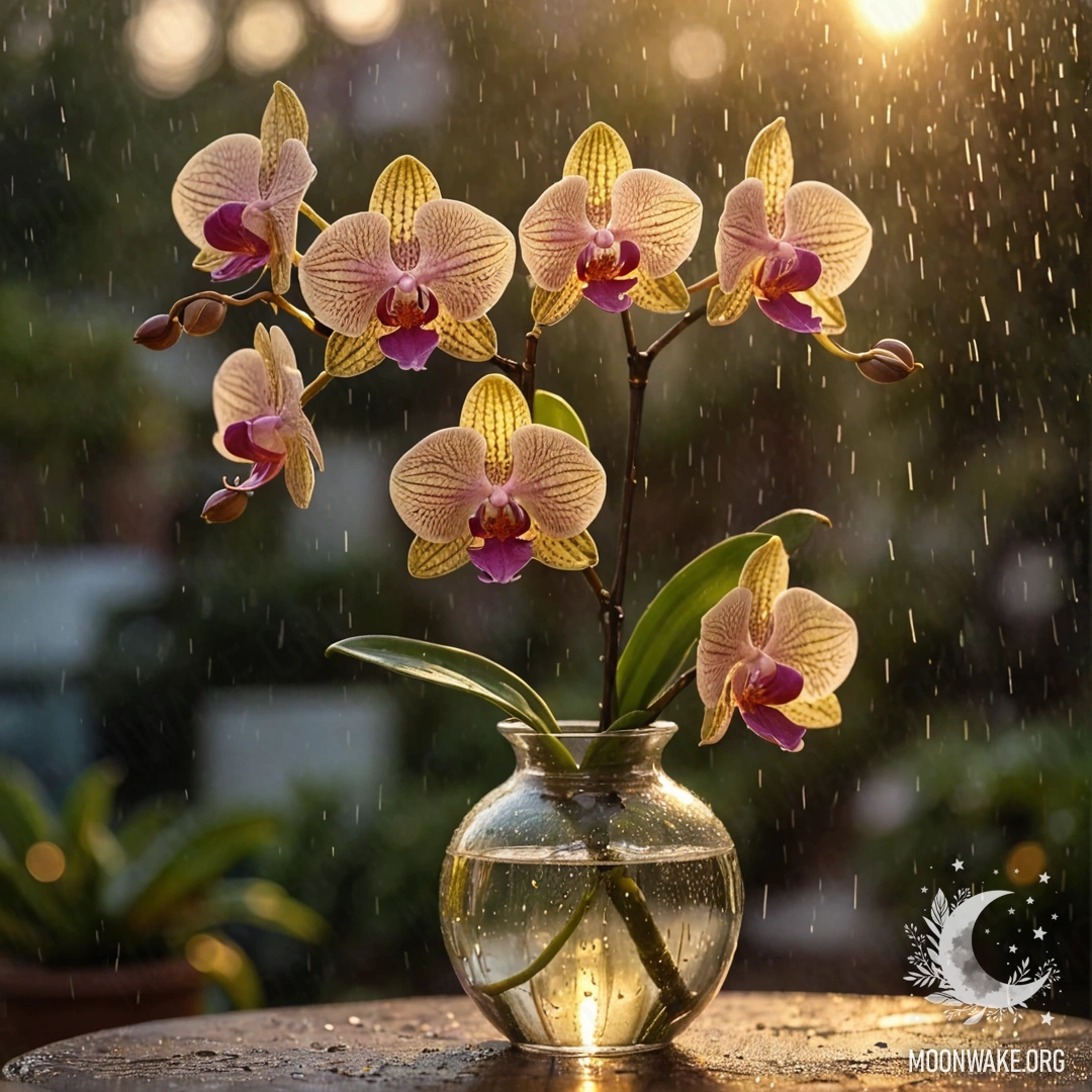 Романтическая орхидея в вазе оливкового цвета на фоне дождя и заката.