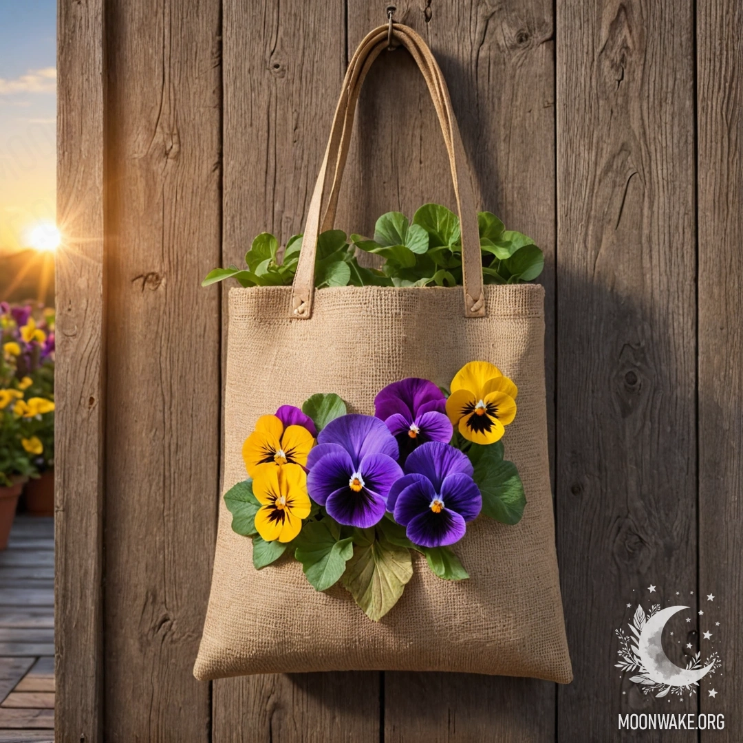 На восторженной деревянной стене висит маленький мешочек из грубого холста, наполненный анютиными глазками на закате.