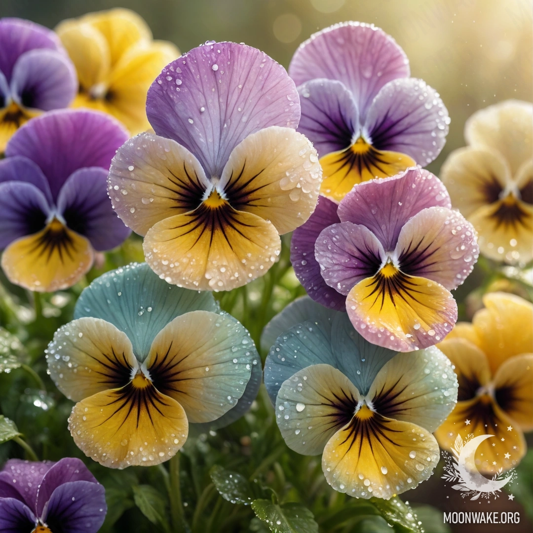 Прекрасная композиция анюток, украшенных росой и золотыми блестками, освещенная солнечными лучами.