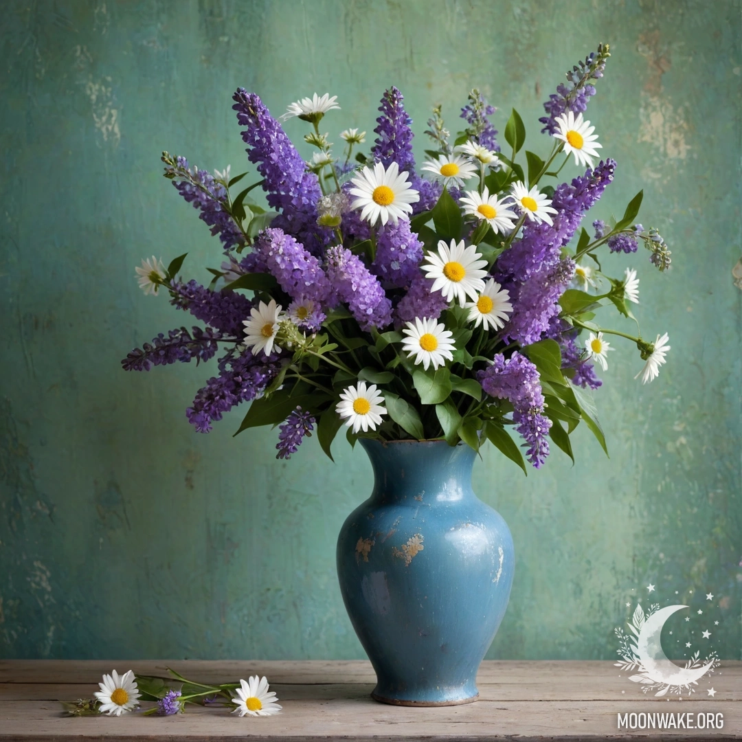 На старой деревянной стене висит небольшая мешочка из брезента, внутри которого находятся фиалки под дождем.