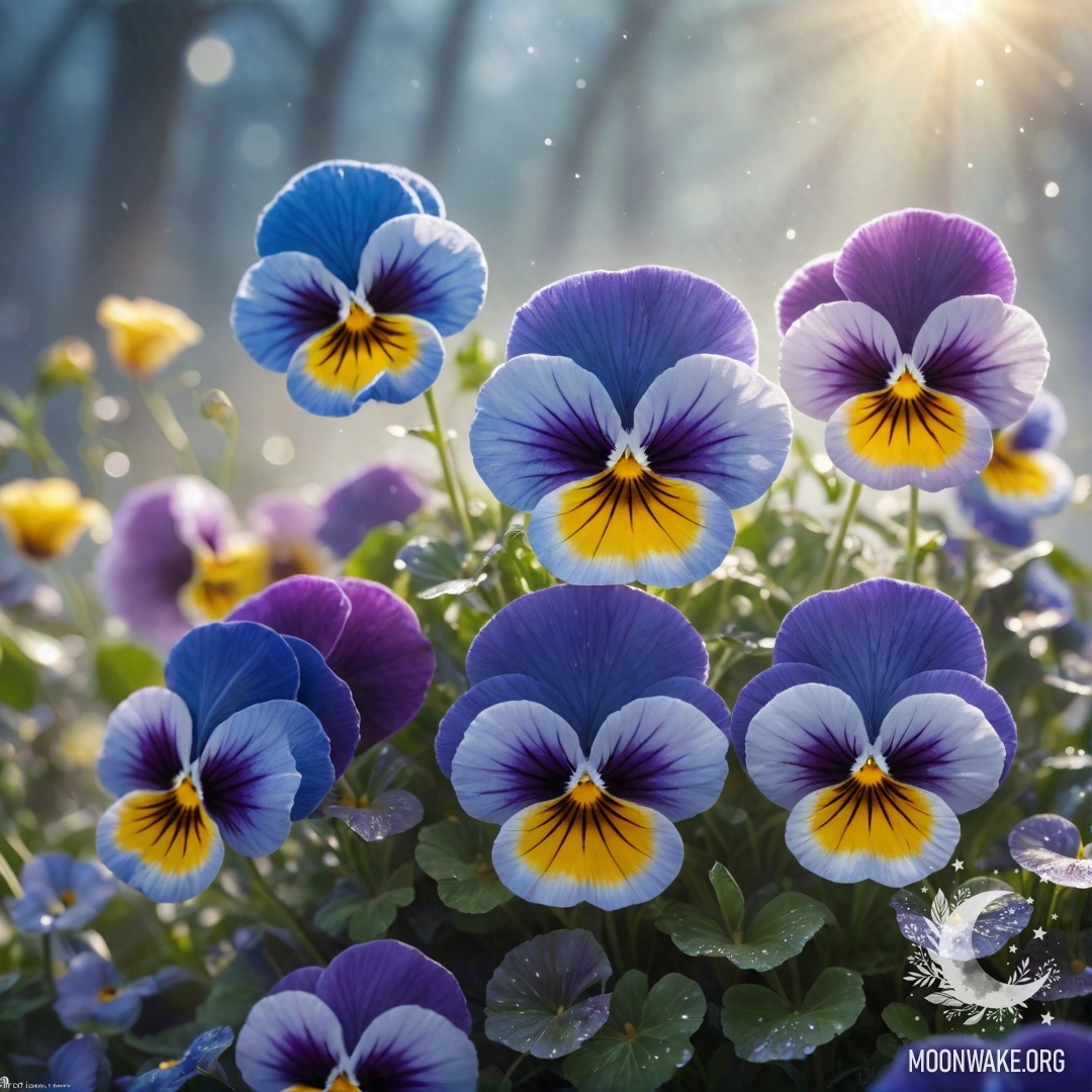 Спокойное изображение синих анюток в туманной атмосфере с солнечными лучами, пробивающимися сквозь облака.