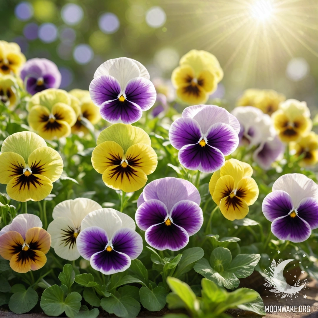 Красивое сочетание романтических анютиных глазок на фоне лаймового цвета, озаренном солнечными лучами.