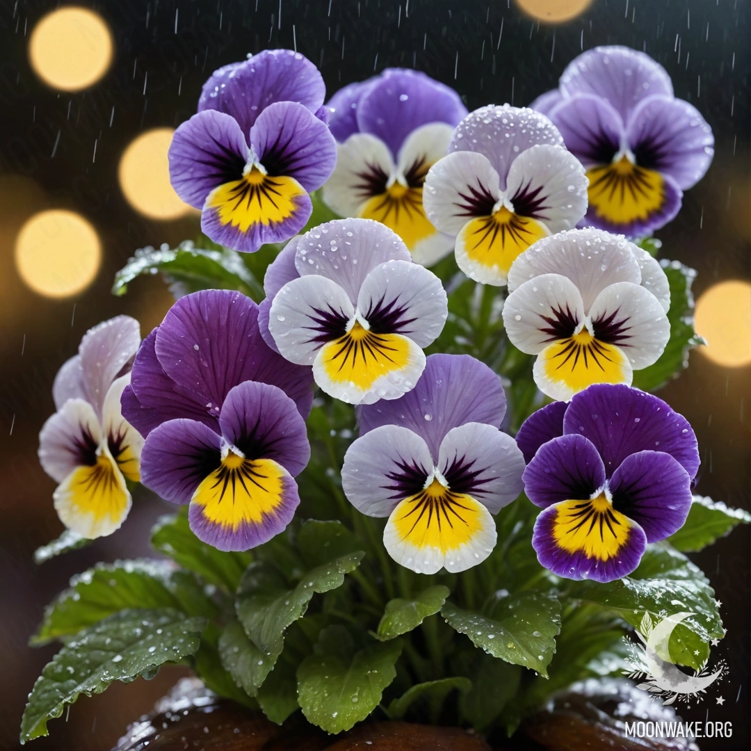 Букет пастельных фиалок, окутанный дождем в ночное время.