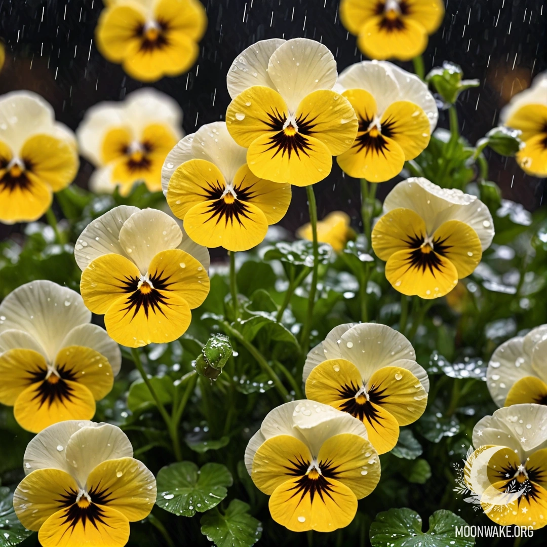 Крупный план кремово-желтых анютиных глазков, сверкающих под дождем ночью.