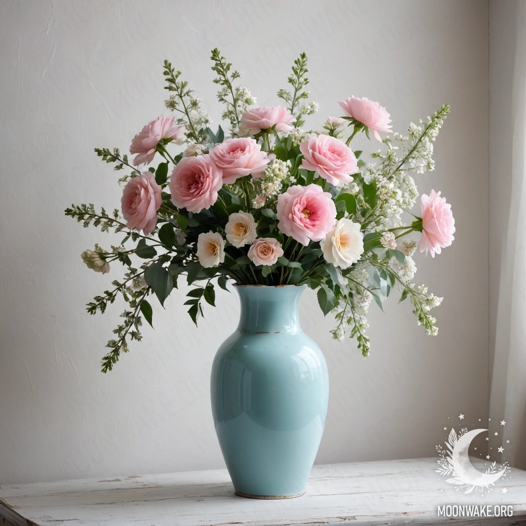 Потертая пастельная синяя ваза с белыми и розовыми цветами на фоне выцветшей белой стены, украшенной гирляндами света.